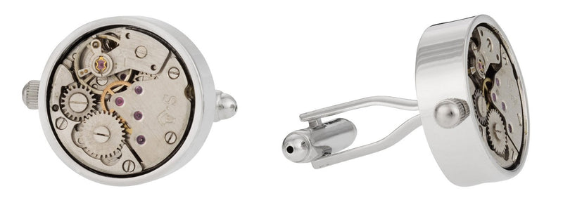 [Australia] - Working Silver Watch Movement Steampunk Cufflinks with Glass Cover in Gift Box 