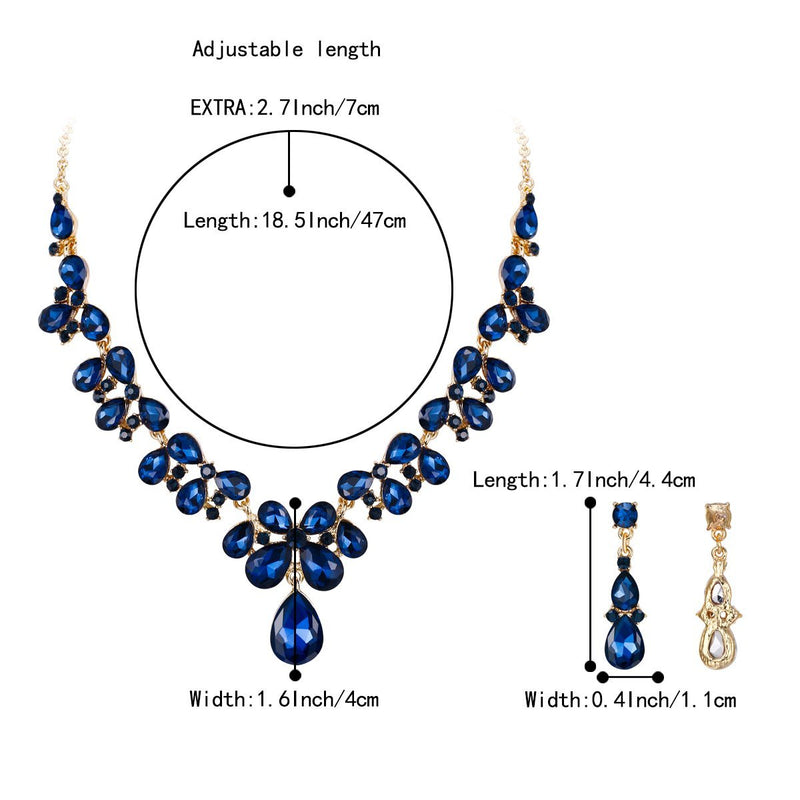 [Australia] - BriLove Women's Wedding Bridal Crystal Teardrop Cluster Statement Necklace Dangle Earrings Set 06-Navy Blue Gold-Tone 