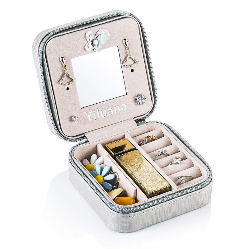 [Australia] - Yiluana Portable Jewelry Case Travel Earring Ring Necklace Accesories Organizer Box with Zipper (Silver) Silver 