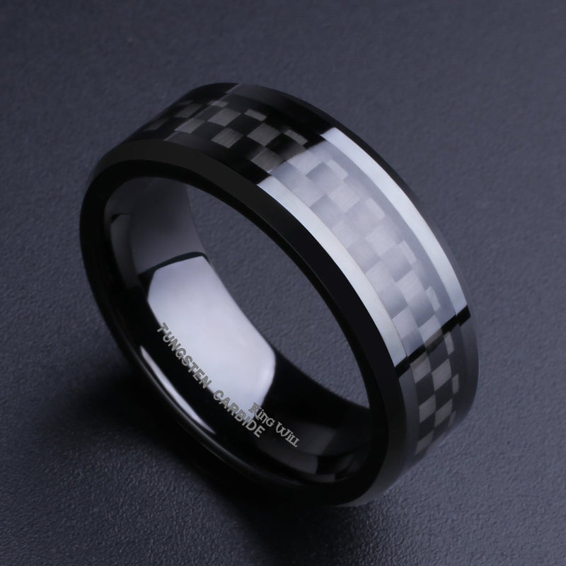 [Australia] - King Will GENTLEMAN 8mm Black Tungsten Carbide Ring Black/Red/Green/Blue Carbon Fiber Inlay Polished Finish Edges Comfort Fit 6 