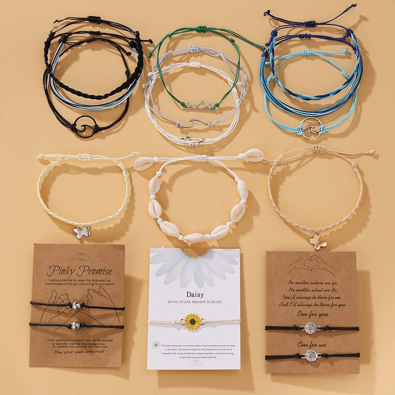 [Australia] - YEEZII 17 Pieces Braided Rope Bracelets Set Beach Waterproof Adjustable Friendship Shell Sunflower Anklet Bracelet for Women/Girls/Kids Outdoor Surfing 