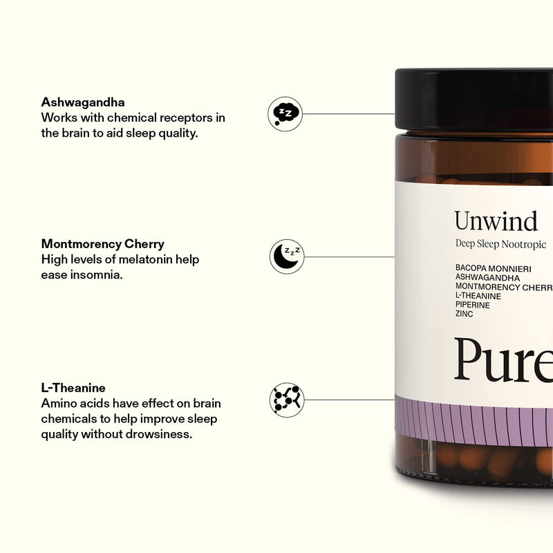 [Australia] - Puresport Unwind Deep Sleep Nootropic Sleep Supplement | 60 Capsules | Ashwagandha, Montmorency Cherry & L-Theanine | Relax & Unwind Unwind Sleep Nootropic 