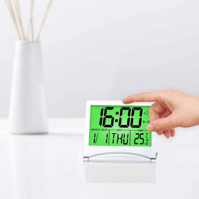 [Australia] - Betus Digital Travel Alarm Clock with Backlight - Foldable Calendar Temperature Timer LCD Clock with Snooze Mode - Large Number Display, Battery Operated - Compact Desk Clock for All Ages (Silver) 
