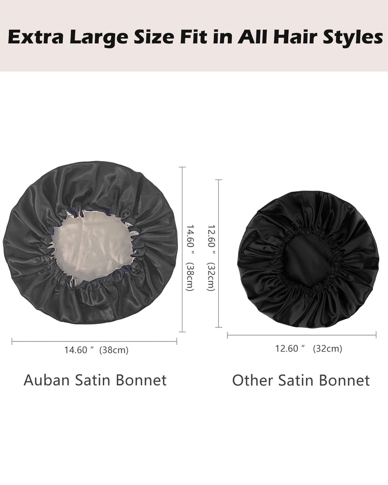 [Australia] - Auban Large Bonnet Silk Hair Wrap for Sleeping, Satin Bonnet Double Layer Satin Lined for Blacks Women Adjustable Elastic Lace Band Hair Wrap for Women Hair Oil Care after Use Hot Comb or Hair Brush Black 