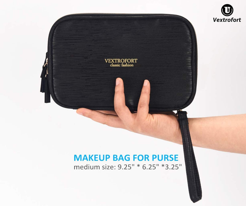 [Australia] - Makeup Bag for Purse, Travel Cosmetic Organizer Bags for Women with Brush Holders and Detachable Handle Waterproof (Black) Black 
