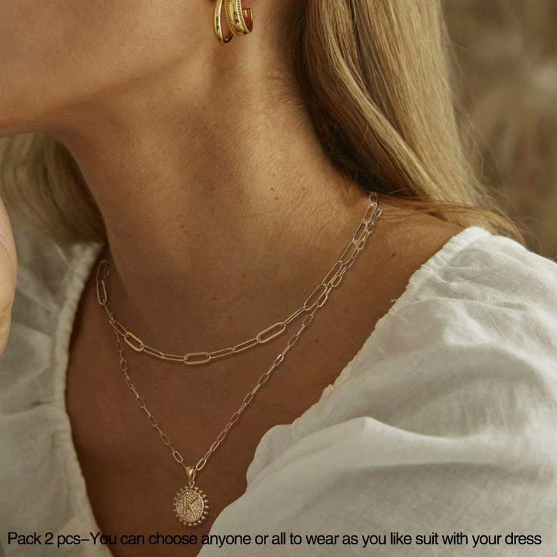 [Australia] - Layered Choker Necklaces for Women, 14K Gold Plated Dainty Layering Paperclip Chain Necklace Simple Adjustable Initial Coin Pendant Necklaces Layered Gold Chain Necklaces for Women Jewelry Gifts 2Layer-A 