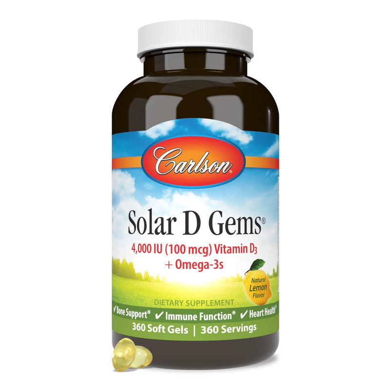 [Australia] - Carlson - Solar D Gems, Vitamin D3 and Omega-3 Supplement, 4000 IU (100 mcg) D3, 115 mg Omega-3 EPA and DHA, Vitamin D Fish Oil Capsule, Bone & Immune Health, Vitamin D Supplement, Lemon, 360 Softgels 