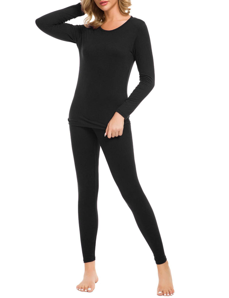 [Australia] - iWoo Womens Thermal Underwear Set Ultra Soft Crew Neck Long Sleeved Base Layer Tops & Bottoms Black XXL 