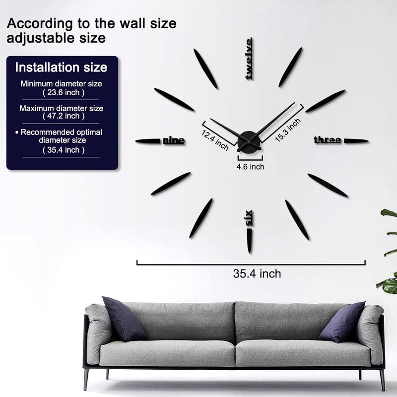 [Australia] - SIEMOO DIY Wall Clock, 3D Mirror Stickers Large Frameless Wall Clock Modern Design Watches Hours for Home Living Room Bedroom Office Decoration Gifts-Black Black 