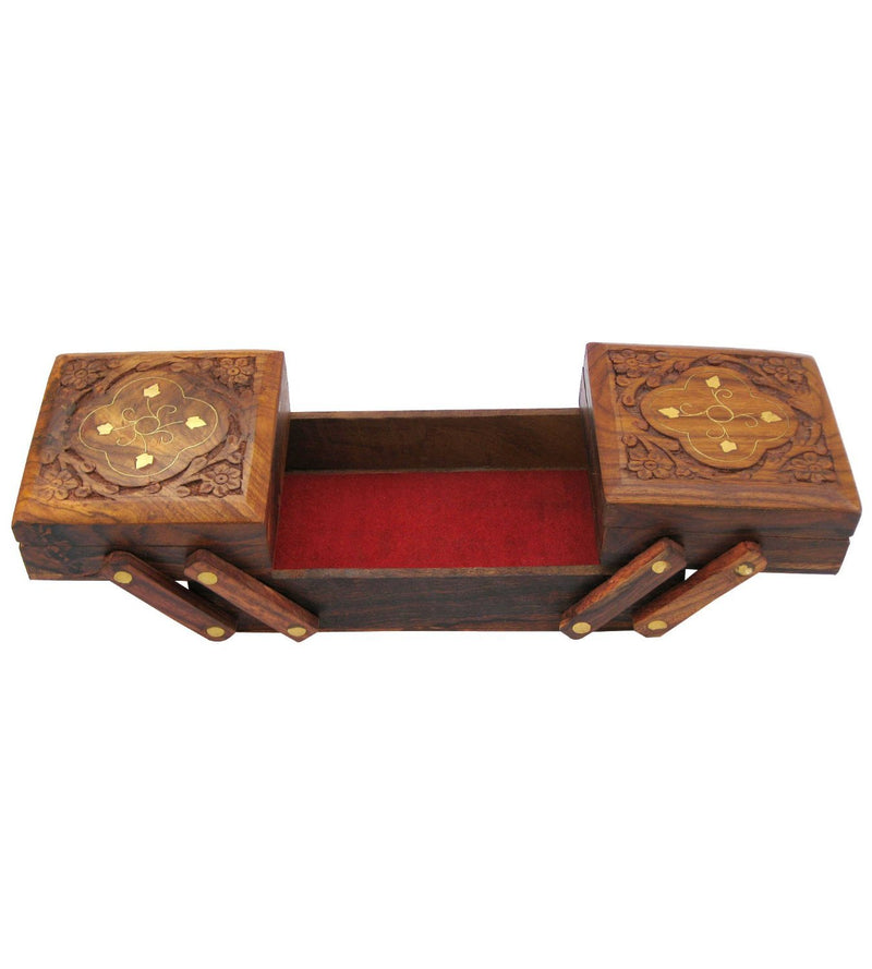 [Australia] - Valentine Day Special Gift, Wooden 2 Folding Jewelry Box Brass Inlay Unique Flower Design, Earring Jewelry Box, Wooden Vintage Box, Brown Color Size 8 X 4 Inch 