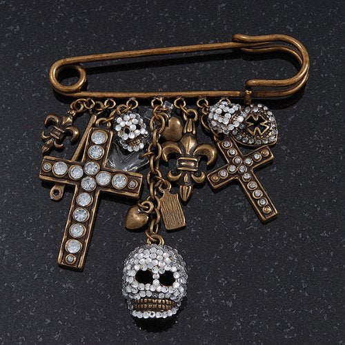 [Australia] - Avalaya 'Crosses, Hearts & Skulls' Charm Safety Pin Brooch in Bronze Finish Metal - 