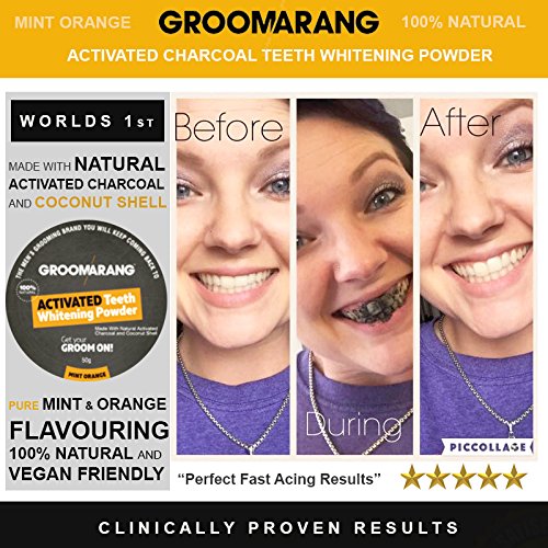 [Australia] - Groomarang Activated Charcoal And Coconut Shell Mint Orange Teeth Whitening Powder 50g FREE Bamboo Toothbrush 
