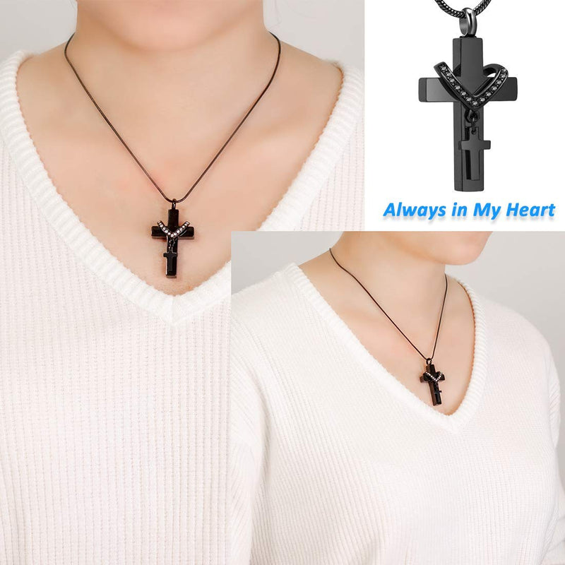 [Australia] - LYFML Titanium Steel Cross Memorial Cremation Jewelry for Ashes, Urn Necklace Pendant Keepsake Inlaid with Crystal, Come with Filling Kit Black 