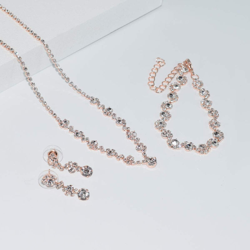 [Australia] - UDORA Crystal Rhinestone Necklace Earrings Bracelet Jewelry Set Wedding Prom Rose Gold 