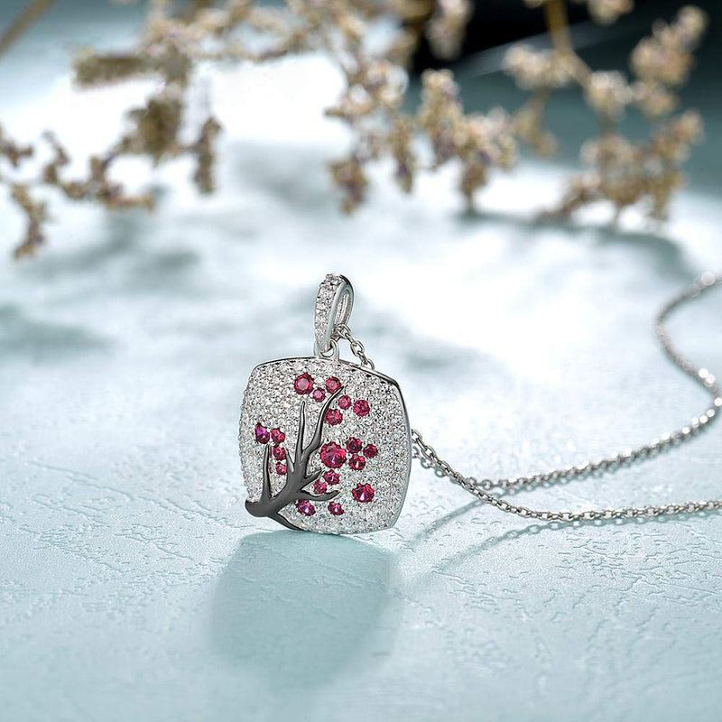 [Australia] - Santuzza 925 Sterling Silver Delicate Cherry Tree Pendants Shiny White Cubic Zirconia Jewelry (Pink/Green) Created Ruby 