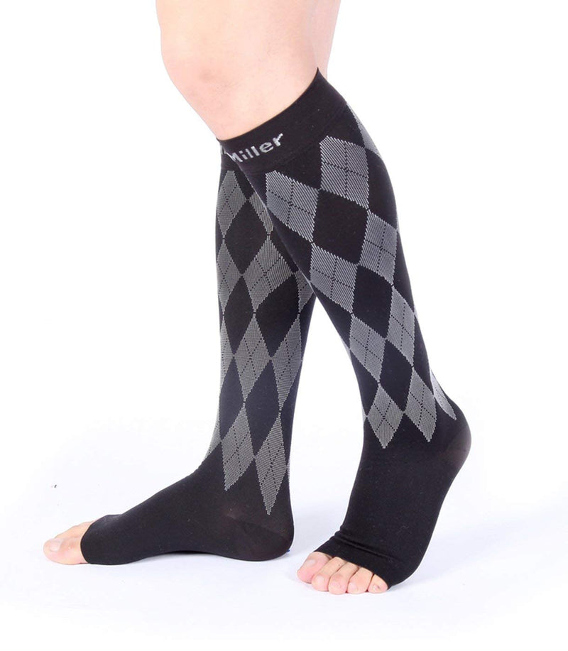 [Australia] - Doc Miller Open Toe Compression Socks Women 20-30mmHg, 1 Pair Toeless Socks for Women and Men - Argyle Design Medium Black.gray Open Toe 