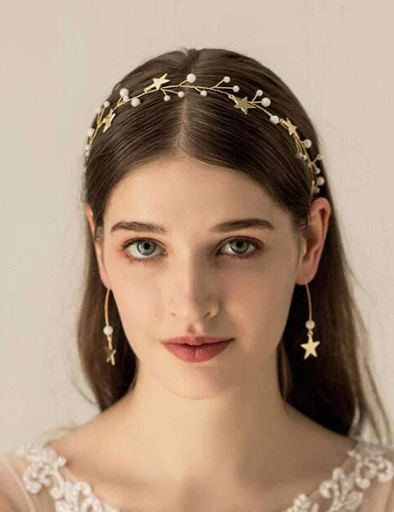 [Australia] - BERYUAN Sequins Pearl Star Headband Earrings Set Gold Wedding Hair Accessories Tassel Star Pendant Jewelry for Her Gift for Women Girls (Gold) 
