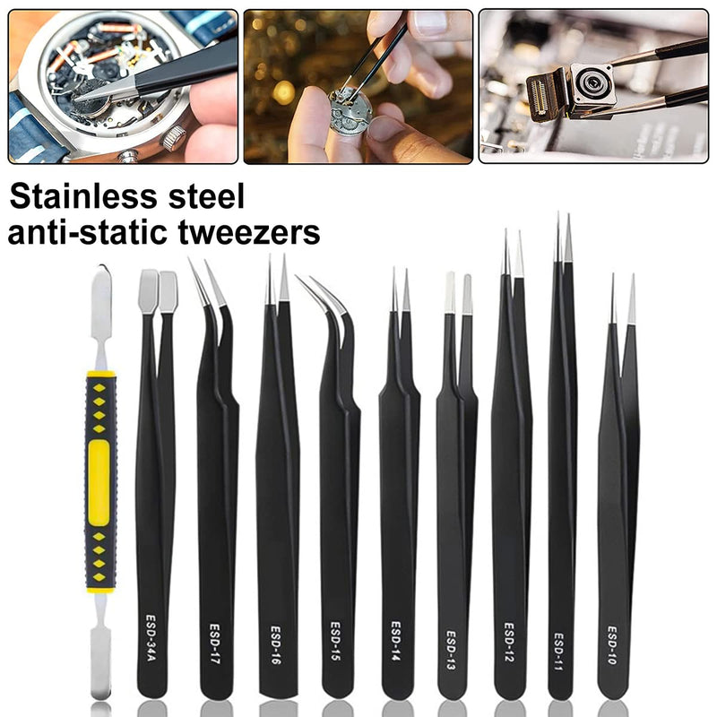 [Australia] - Precision ESD Tweezers Set, Anti-Static Stainless Steel Tweezers Set Kit Perfect for Electronics, Craft, Jewellery, Soldering, Laboratory Work and Detailed Work 10pcs 