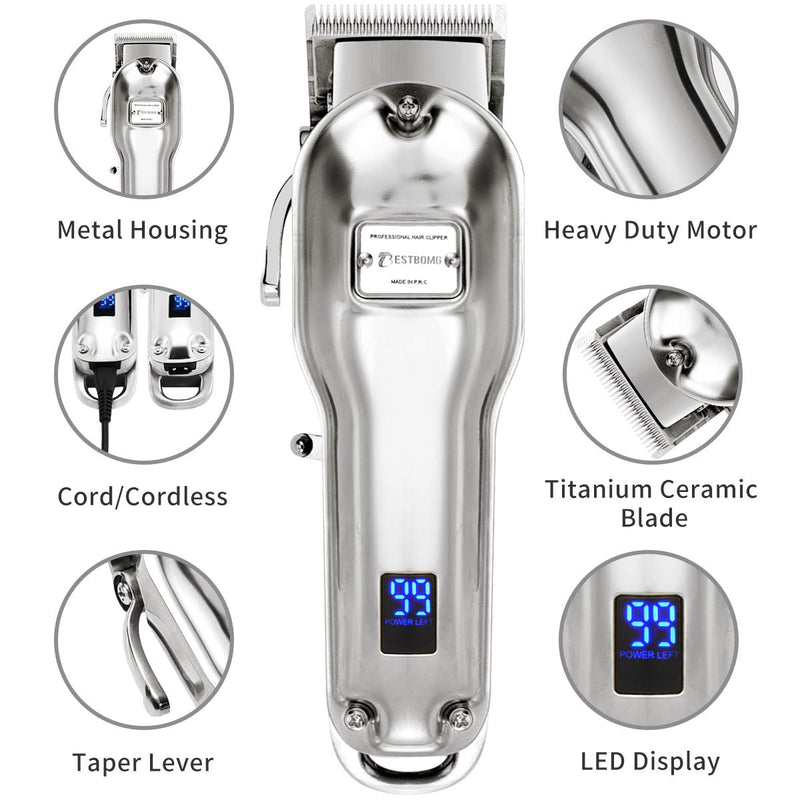 [Australia] - AUDOC Professional Cordless Hair Clippers for Men Rechargeable Beard Trimmer Low Nosie Home Barber Hair Cutting Kit Set for Men/Kids/Pet with An All Metal Housing LED Display Silver 