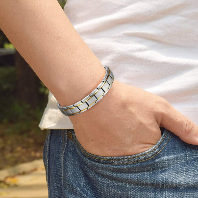 [Australia] - JFUME Magnetic Mens Bracelets 18K Plated Gold Silver Stainless Steel Link Bracelet for Men 8.5" Adjustable with Link Removal Tool Silver with Gold 