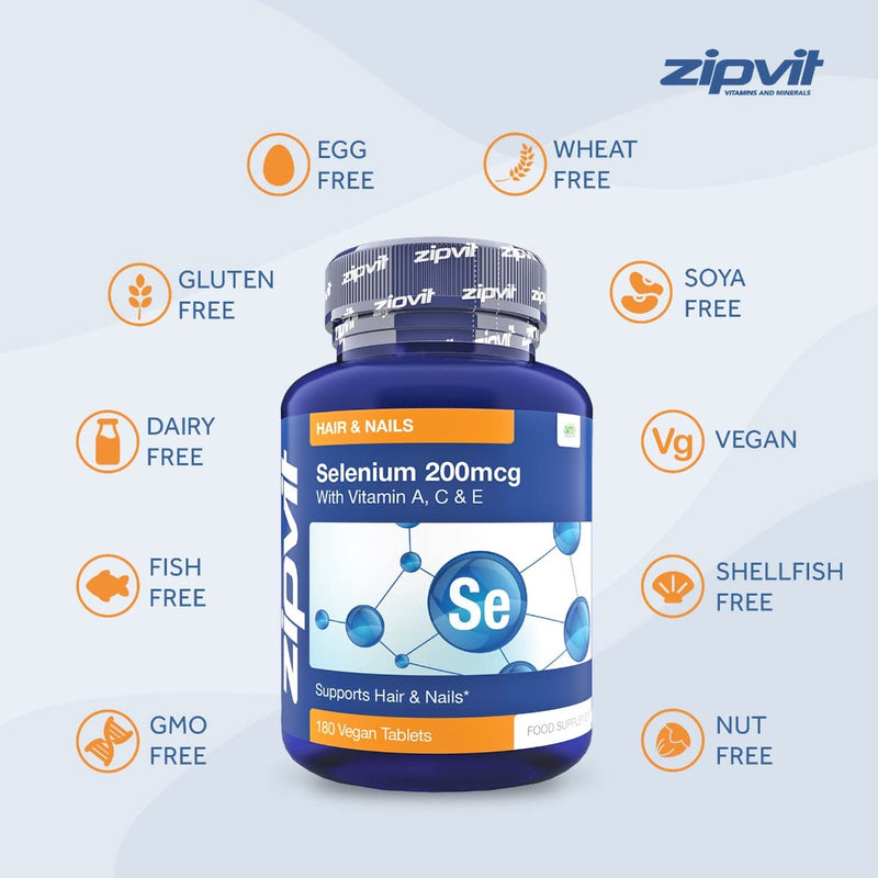 [Australia] - Selenium 200mcg with Vitamins ACE, 180 Vegan Tablets, High Strength Selenium Supplement, Supports Hair and Nails, Immune System and Thyroid Function, 6 Month Supply, UK Supplier 