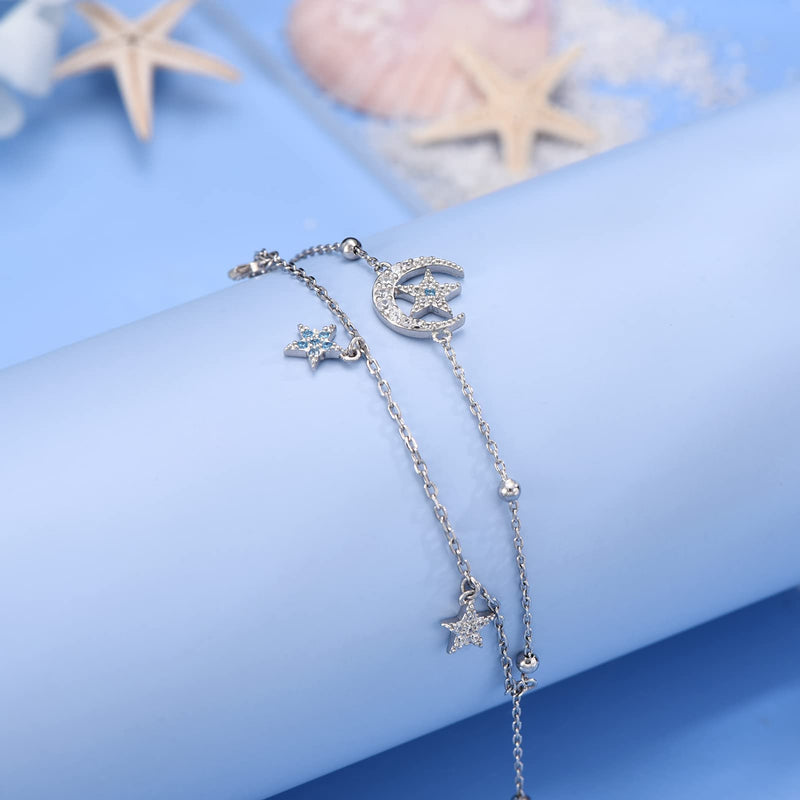 [Australia] - 925 Sterling Silver Anklet for Women Universe Moon and Star Layered Anklet Bracelet Adjustable Beach Anklet Dainty Jewelry Gifts for Women Girls B-Moon and Star Anklet 