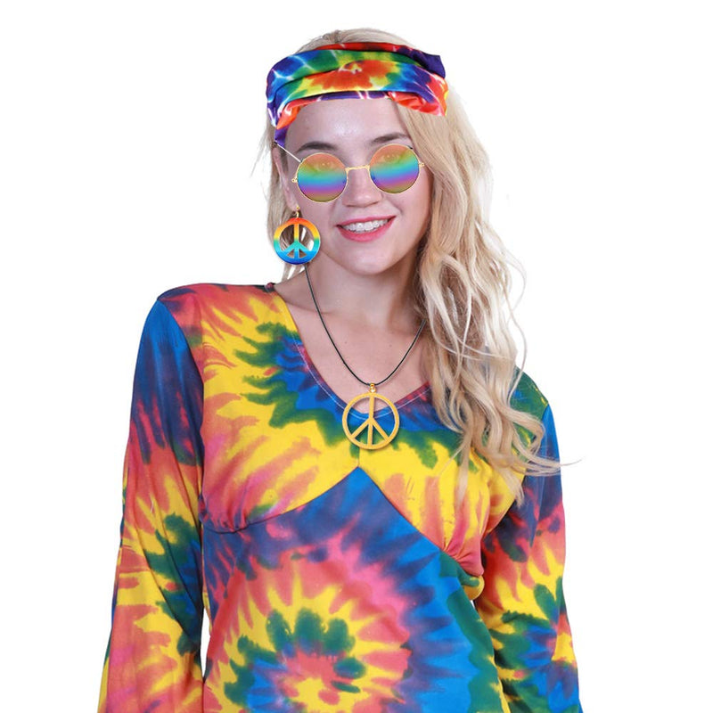 [Australia] - VALIJINA Hippie Costume Set Hippie Sunglasses Peace Sign Pendant Tie Dye Headband Bandana Peace Sign Earrings 60s or 70s Hippie Accessories B-G 