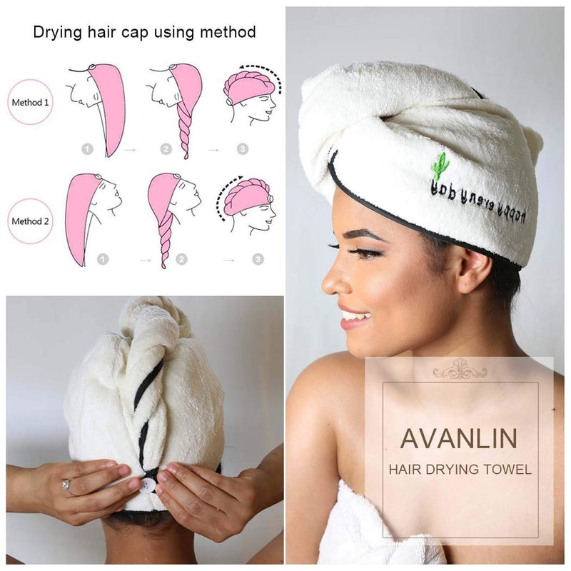 [Australia] - Avanlin Hair Towel Wraps White Absorbent Twist Turban Drying Hair Caps with Buttons Hair Drying Towels for Curly Long and Thick Hair for Women and Girls Pack of 2 
