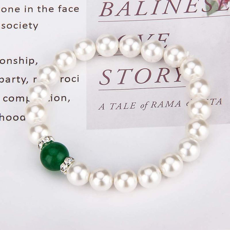 [Australia] - LGSY White Pearl Jewelry Sets for Women Silver Plated, Design Green Jade Shell Pearl Handmade Includes Stud Earrings Necklace Bracelet 