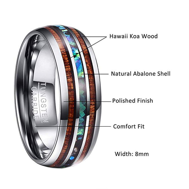 [Australia] - VAKKI 6mm/8mm Hawaiian Koa Wood Tungsten Rings Dome Abalone Shell/Blue Center Wedding Bands for Men Women Comfort Fit Size 4 to 17 B-8mm-Abalone Shell 