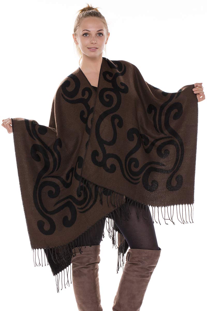 [Australia] - BYOS Womens Winter Reversible Swirl Pattern Open Front Shawl Warp Ruana Black Brown 