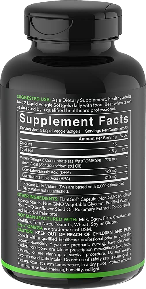 [Australia] - Vegan Omega-3 Fish Oil Alternative Sourced from Algae Oil | Highest Levels of Vegan DHA & EPA Fatty Acids | Non-GMO Verified & Vegan Certified - 60 Veggie Softgels (Carrageenan Free) Vegan Omega-3 