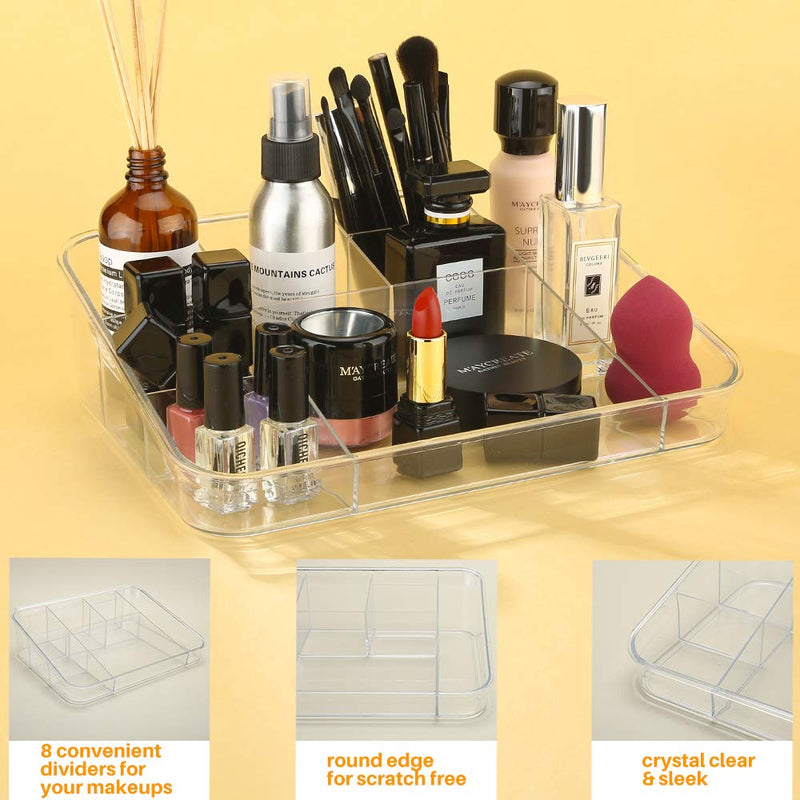 [Australia] - SUNFICON Makeup Organizer Tray Cosmetic Display Case Brush Holder Storage Box for Vanity Countertop Bathroom Drawers, 8 Compartments, Crystal Clear Acrylic 