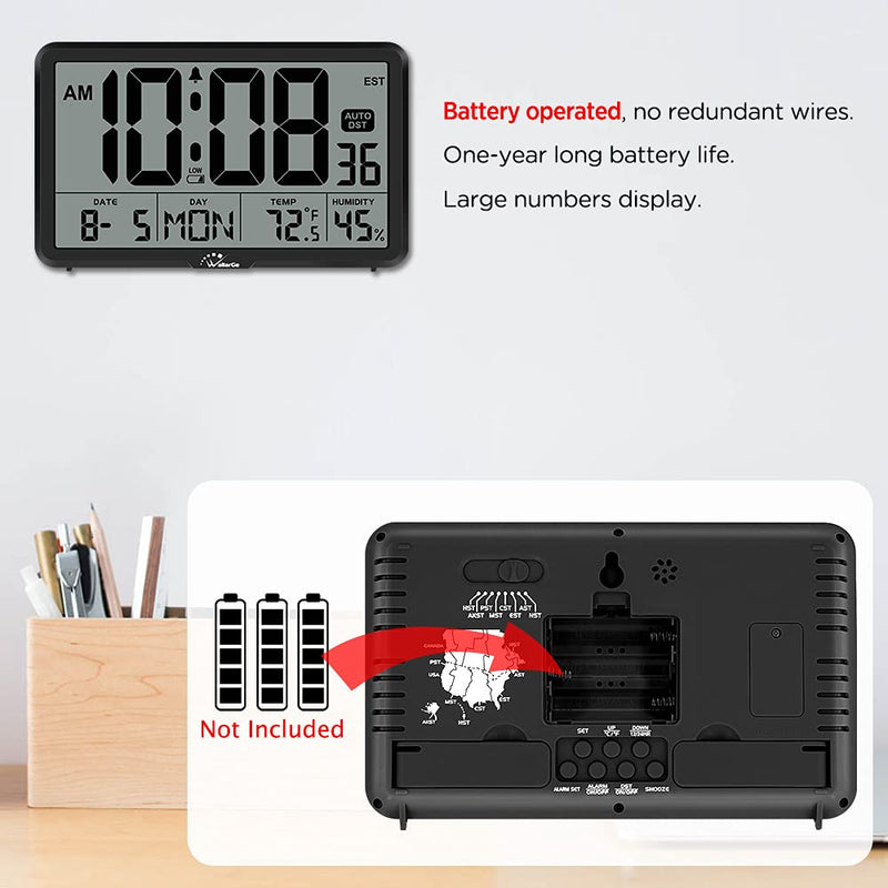 [Australia] - WallarGe Auto Set Digital Wall Clock Battery Operated,Desk Clocks with Temperature,Humidity and Date,Large Display Digital Calendar Alarm Clock for Elderly,Bedroom,Office,8 Time Zone, Auto DST. Black 