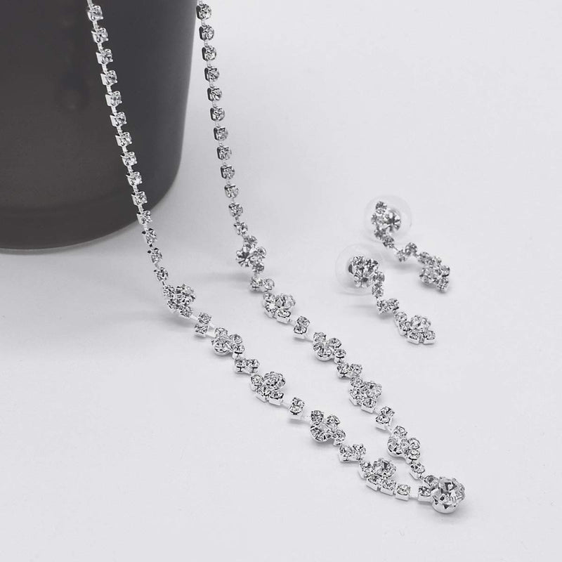 [Australia] - UDORA Crystal Rhinestone Necklace Earrings Bracelet Jewelry Set Wedding Prom 2 SET-Silver 