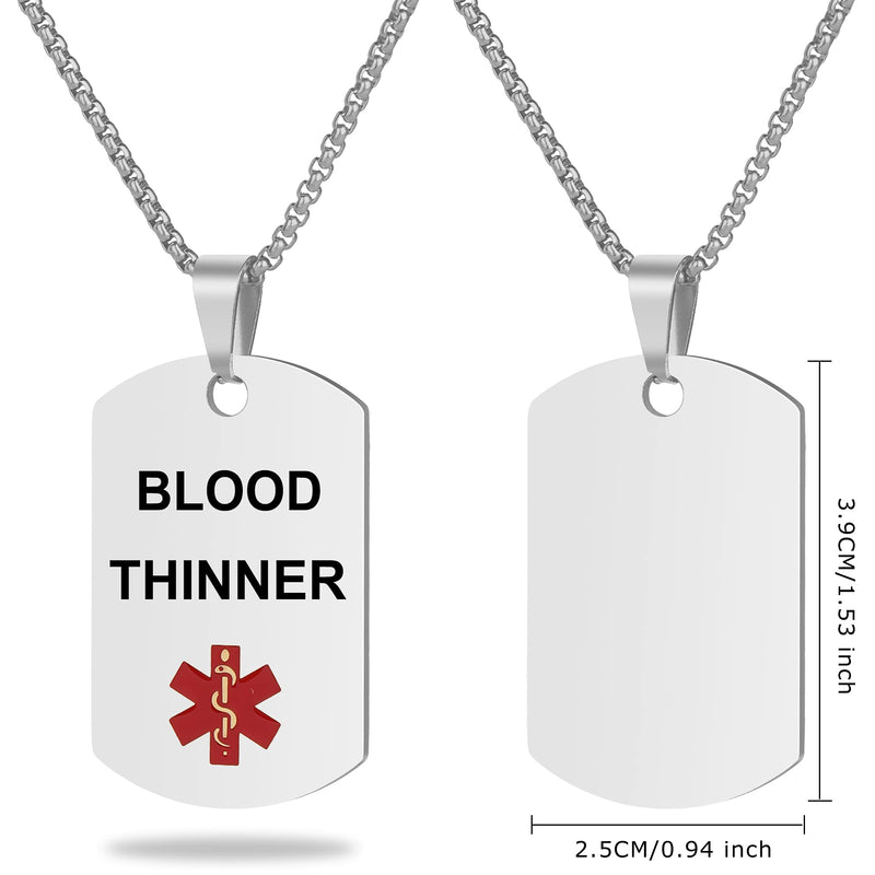 [Australia] - Medical Alert ID Necklace, Laser Engraved Blood THINNER, Stainless Steel Tag Pendant with 23.6 inch Chain for Men Women Emergency First Aid Silver 