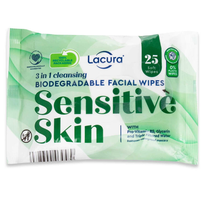 [Australia] - Lacura 3 In 1 Biodegradable Cleansing Facial Wipes For Sensitive Skin, Makeup Removal Wipes with Pro-Vitamin B5, 2 Packs (50 wipes in total) 