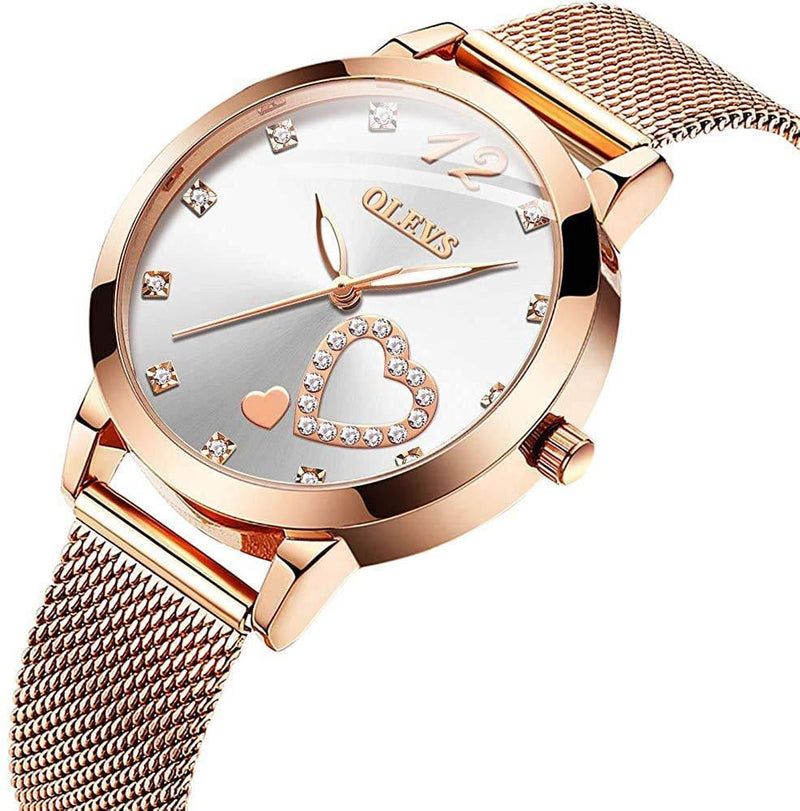 [Australia] - OLEVS Ladies Watches Rose Gold Stainless Steel Mesh Strap Heart Diamond Fashion Dress Japanese Quartz Waterproof Luminous Bracelet Sets White 