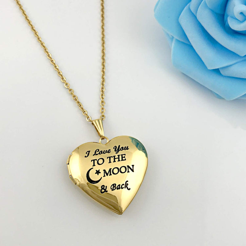 [Australia] - YOUFENG Love Heart Locket Necklace That Holds Pictures Engraved I Love You to The Moon and Back Photo Lockets 18K Gold locket 