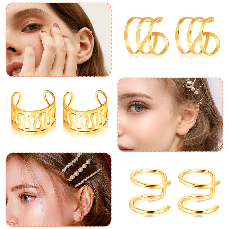 [Australia] - 18 Pairs Ear Cuff, Roctee 6 Styles Cartilage Clip On Earrings Set Stainless Steel Ear Clip Fake Cartilage Earring Non Piercing Helix Cartilage Ear Clip (Gold/Silver/Rose) 