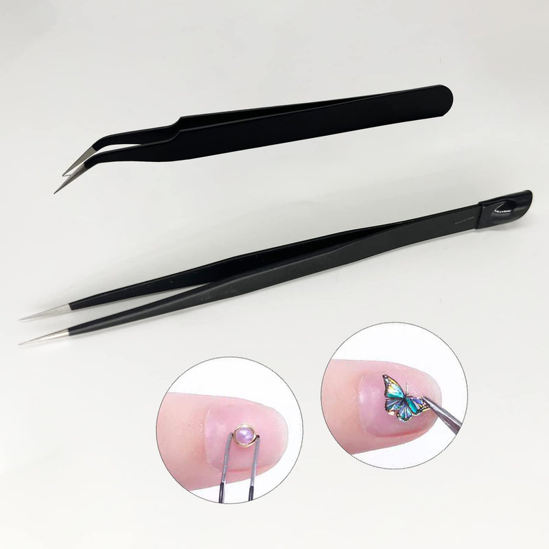 [Australia] - 2 PCS Nail Art Tweezers, Straight and Curved Tip Tweezers Rhinestone Stickers Picker Pointed Tweezers for Craft, Makeup Tools - Black 