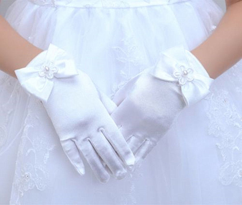 [Australia] - DreamHigh Wedding Flower Girl's Stretch Satin Dress Gloves White 