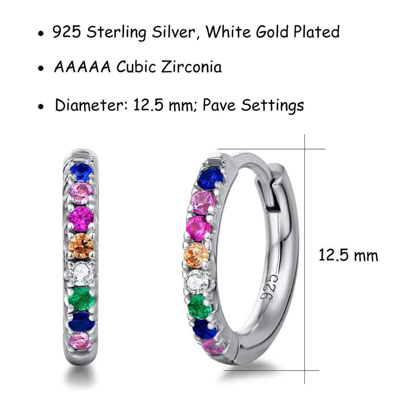 [Australia] - FANCIME Solid 925 Sterling Silver with Multi-Colour Cubic Zirconia Small Tiny Hinged Huggie Tiny Loops Cartilage Hoop Earrings Jewellery for Women Girls - Diameter: 0.5 Inch White Gold Plated 