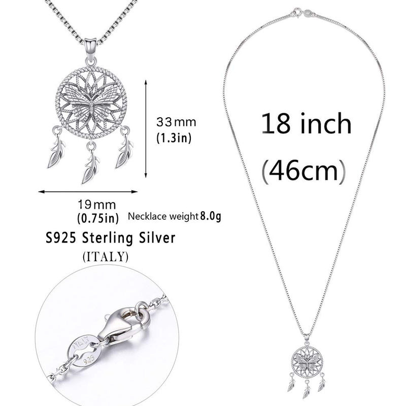 [Australia] - Aniu Butterfly Dream Catcher Necklace for Women, S925 Sterling Silver Feathers Girls Pendant (with Gift Box and 18 Inch Chain) 