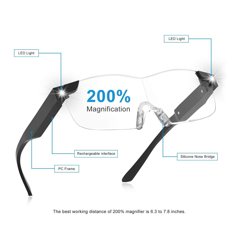[Australia] - OKH Rechargeable Magnifying Glasses with LED Light,Hands Free 200% Blue Light Blocking Magnifying Lighted Eyeglasses for Hobbies,Reading,Close Work 200% 