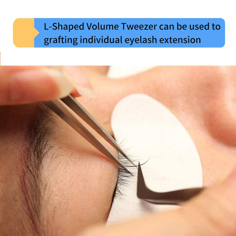 [Australia] - Volume Eyelash Extension Tweezer - FEITA Professional Angled Curved Pointed L-Shaped Precision Tweezers for 3D 4D 6D Lashes Extension - Silver 