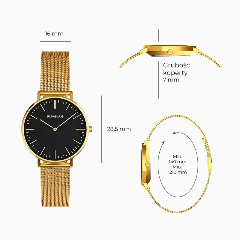 [Australia] - BUVELLE Women Watch On A Mesh Bracelet Analogue Waterproof Stainless Steel Round Case White Dial for Business and Casual Simple Look Gold/Black 