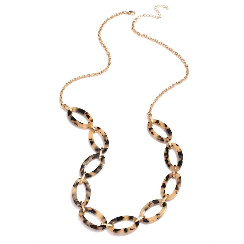 [Australia] - Long Necklaces for Women Acrylic Tortoise Link Necklace Leopard Print Metal Oval Resin Chain Link Acetate Collar Necklace 