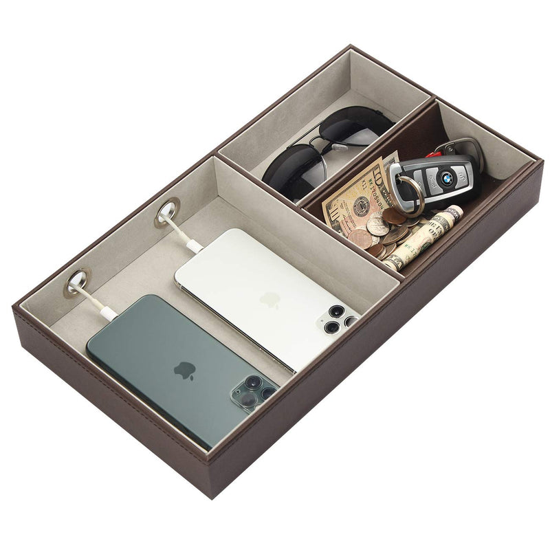 [Australia] - JACKCUBE DESIGN Nightstand Organizer for Men, Leather Valet Tray Key Wallet Phone Watch Glass Holder with 2 Charging Holes (Dark Brown, 14.2 x 7.7 x 2 inches) - MK234A 