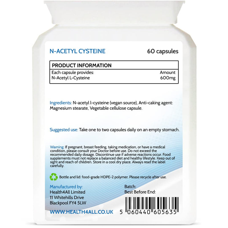 [Australia] - NAC Supplement 600mg 60 Capsules (V) Vegan N-Acetyl Cysteine. Made in The UK by Health4All 60 Capsules (V) 